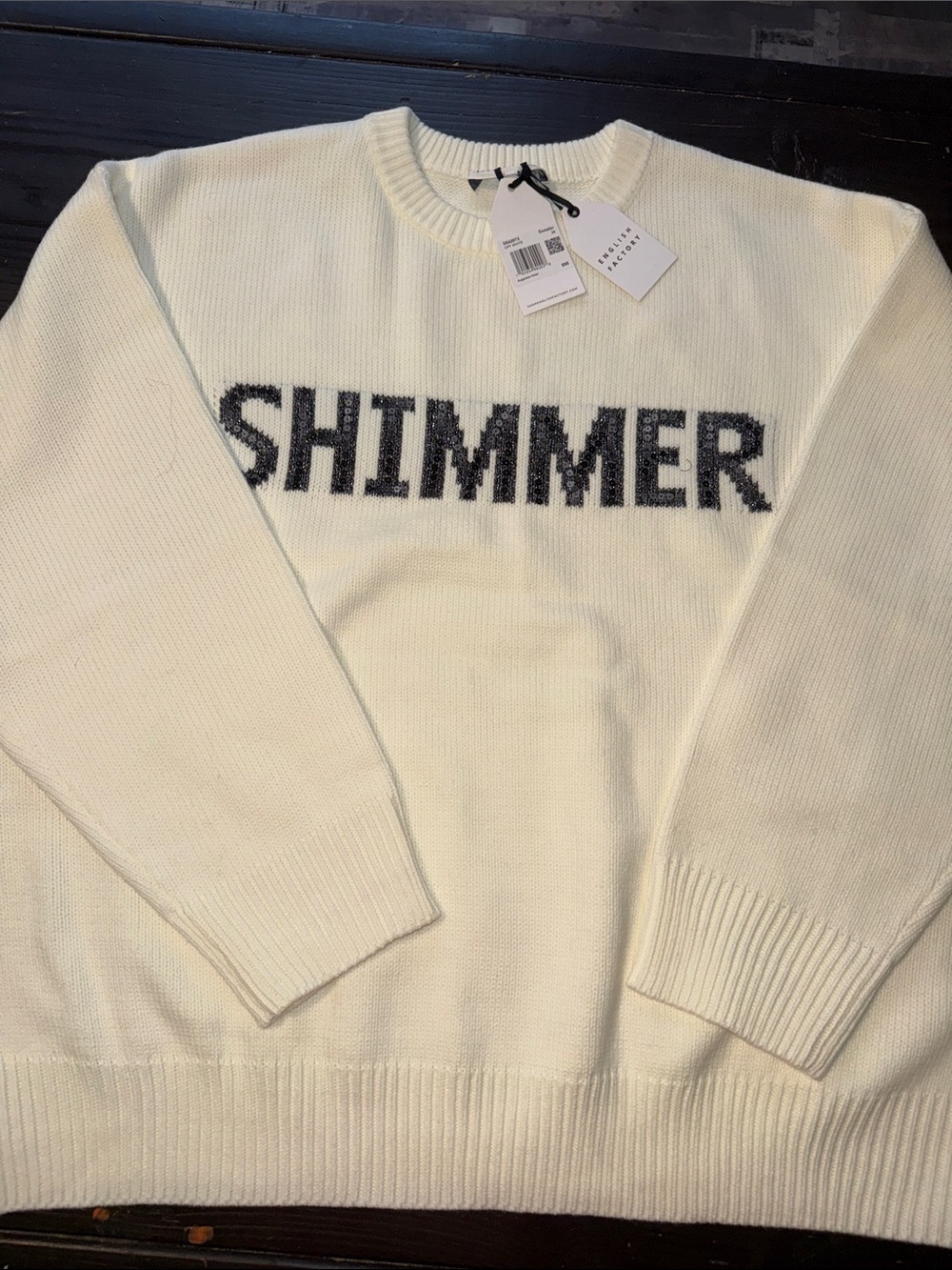 English Factory Cream Crewneck Sweater with Black 'SHIMMER' Text